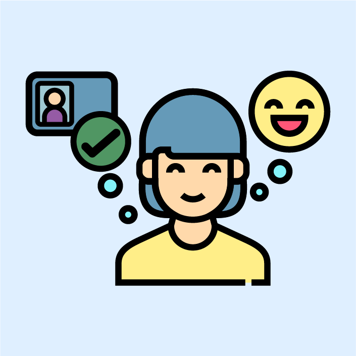Illustration of a smiling child with thought bubbles showing a profile icon and a happy face, symbolizing self-expression, identity, and positive emotions.